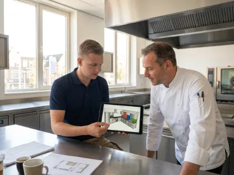 Adviseur en ondernemer bespreken een keukenontwerp boven een plattegrond