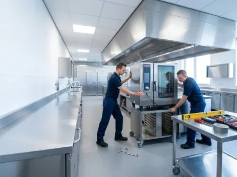 Monteur installeert professionele horeca-apparatuur in een RVS-keuken