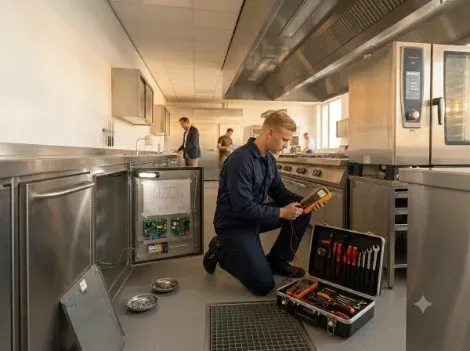 Servicemonteur voert onderhoud uit aan professionele keukenapparatuur