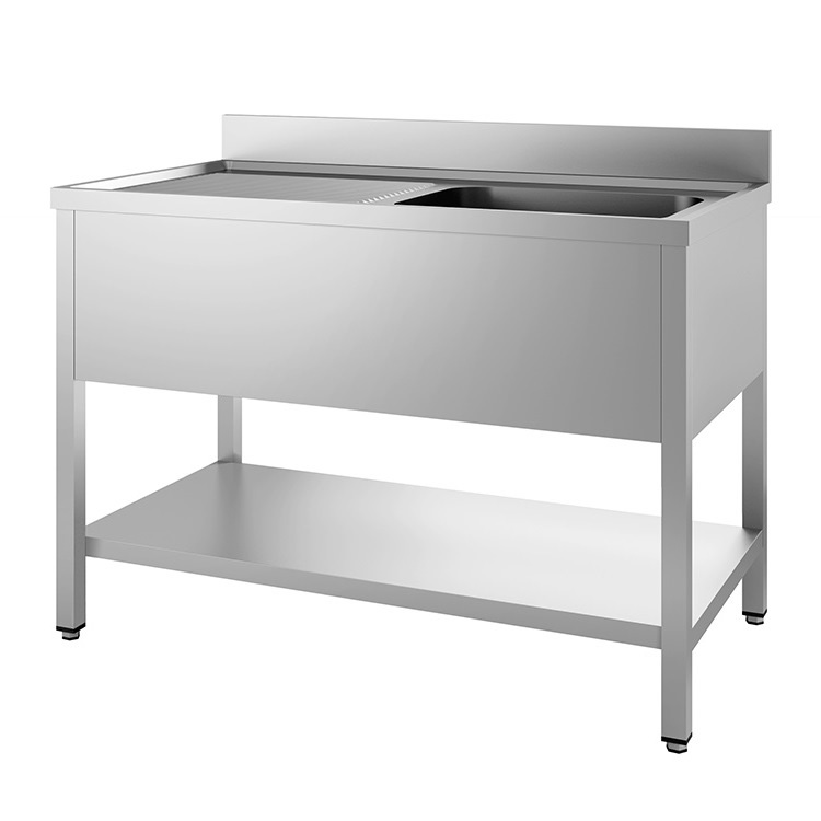 Gastro Inox Spoelwerktafel 120(l) cm met spoelbank rechts, onderblad en achteropstand