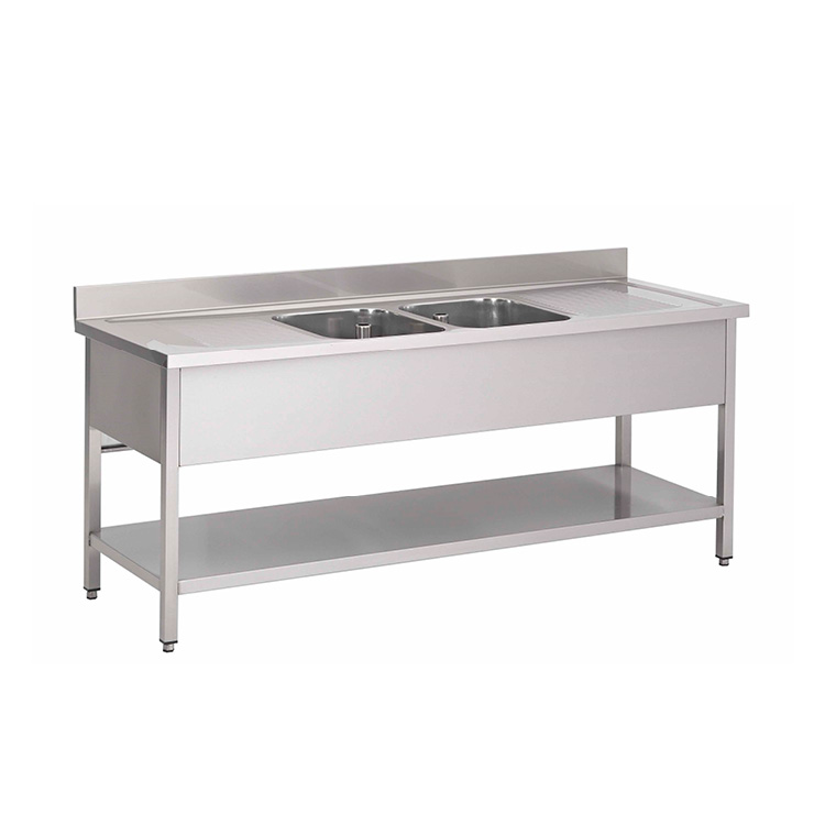 Gastro Inox Spoelwerktafel 100(l) cm met 2 spoelbakken midden, onderblad en achteropstand