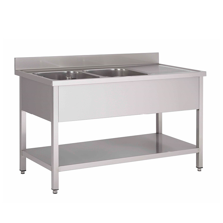 Gastro Inox Spoelwerktafel 140(l) cm met 2 spoelbakken links, onderblad en achteropstand