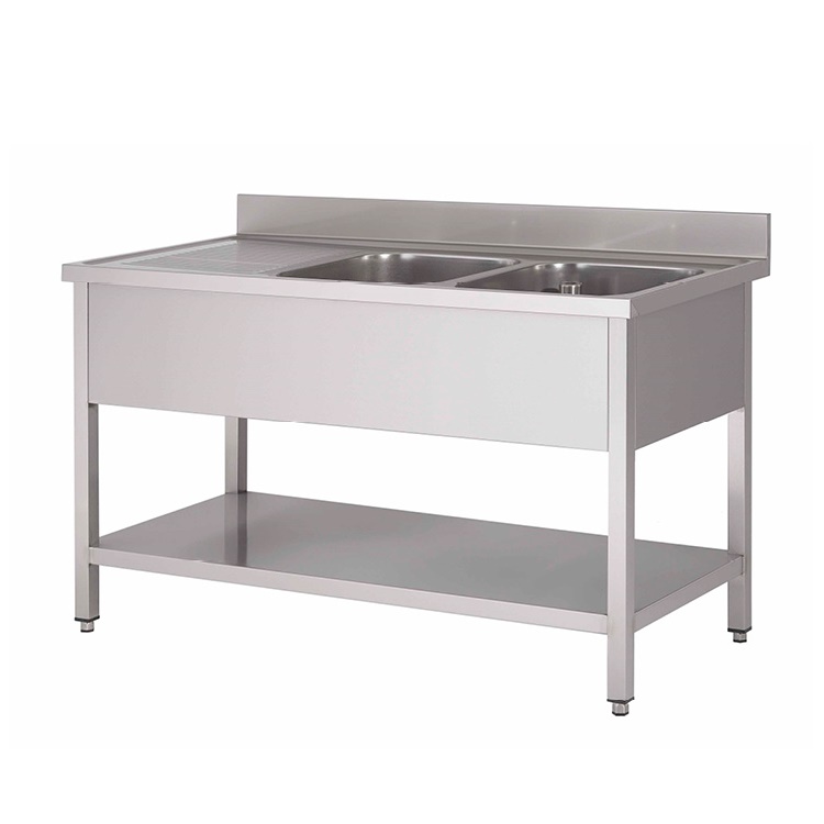 Gastro Inox Spoelwerktafel 140(l) cm met 2 spoelbakken rechts, onderblad en achteropstand