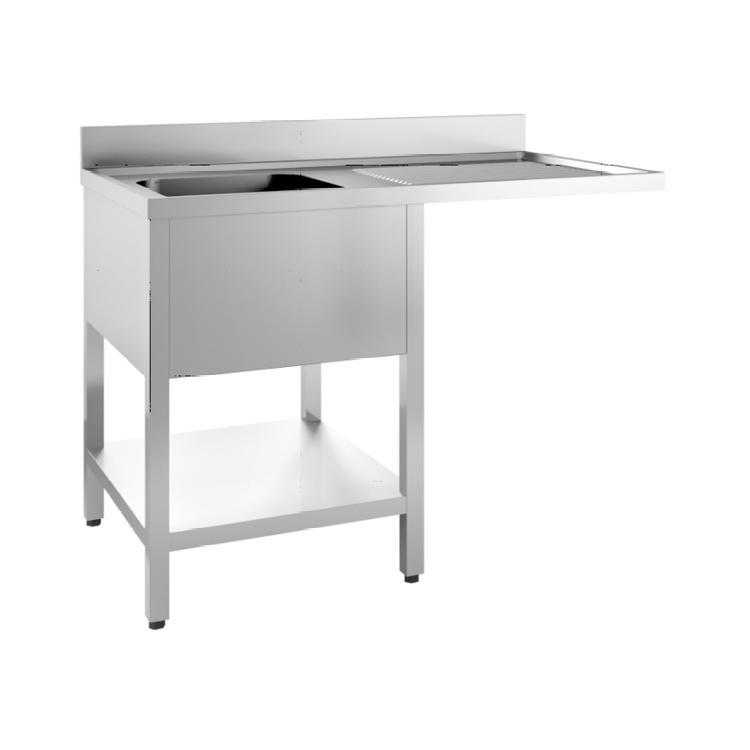 Gastro Inox Spoelwerktafel 120(l) cm met spoelbak links, onderblad, achteropstand en ruimte voor vaatwasser