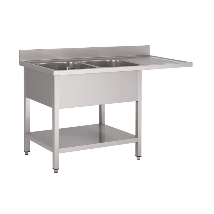 Gastro Inox Spoelwerktafel 160(l) cm met 2 spoelbakken links, onderblad, achteropstand en ruimte voor vaatwasser