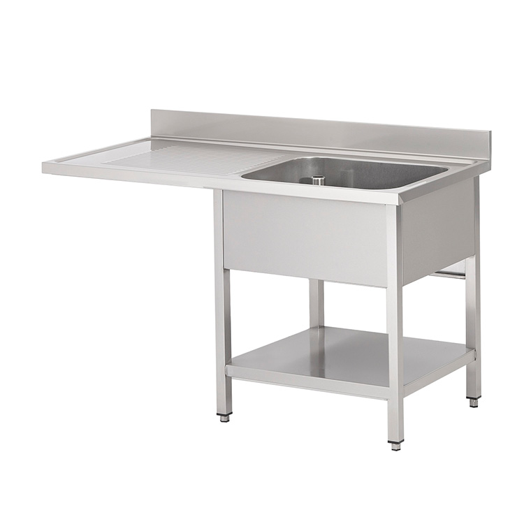 Gastro Inox Spoelwerktafel 120(l) cm met spoelbak rechts, onderblad, achteropstand en ruimte voor vaatwasser